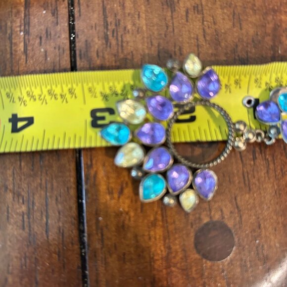 Vintage Rhinestone Dangle Earrings Purple Turquoise Yellow Statement Mardi Gras - Picture 12 of 12